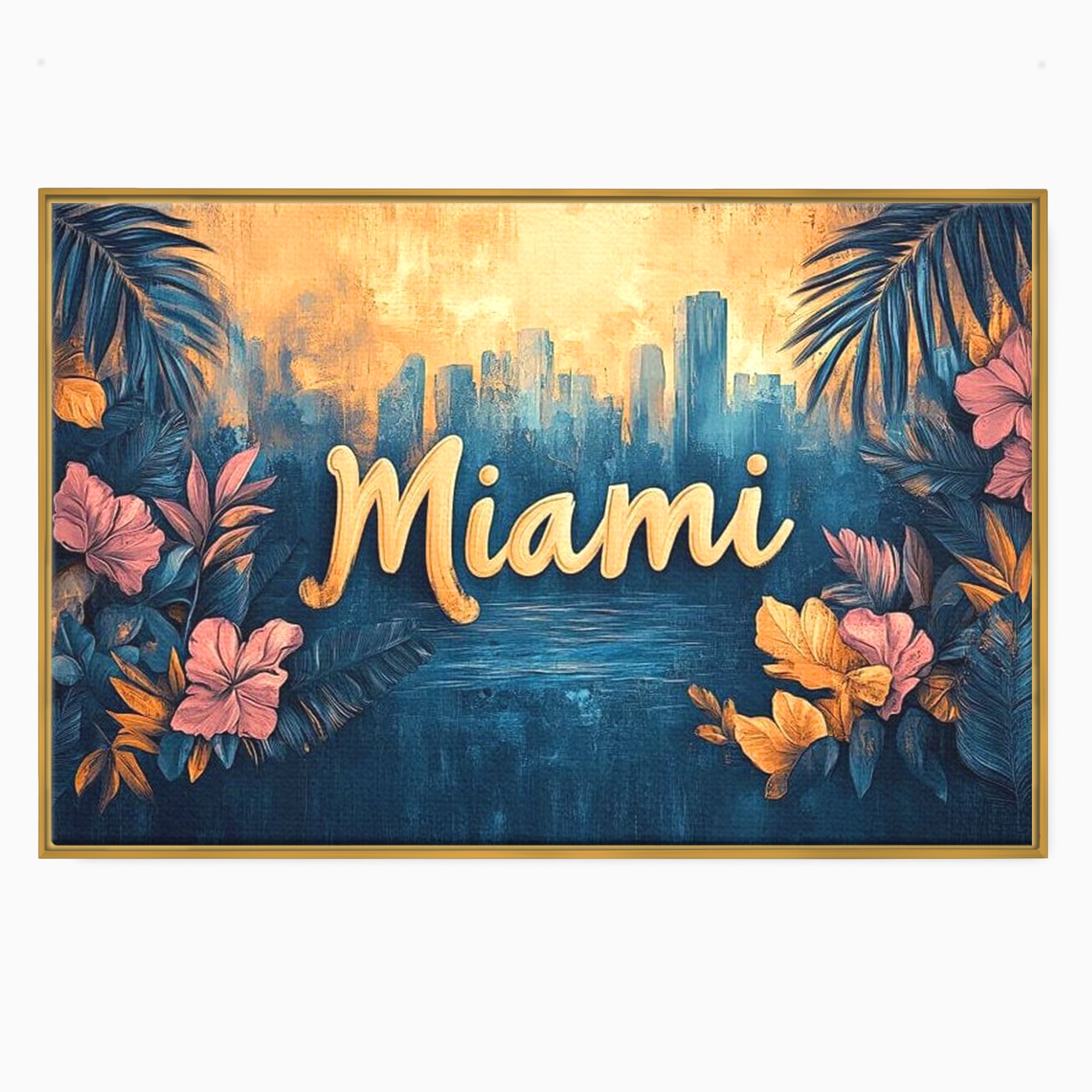 Tablou canvas cu tablou canvas cu peisaj urban miami, in rama de aluminiu auriu